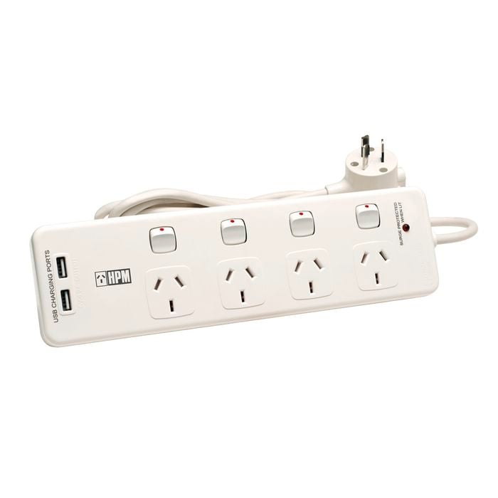 HPM White 4 Outlet Switched Powerboard With Surge Protection 4.2A USB Charger