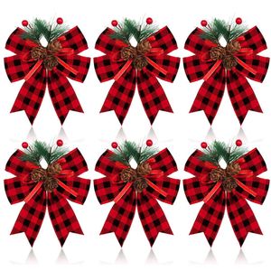 Catzon 6 Pcs Christmas Bows with Pine Cones Pine Needles for Xmas Tree Wreath Decor-BlackRed