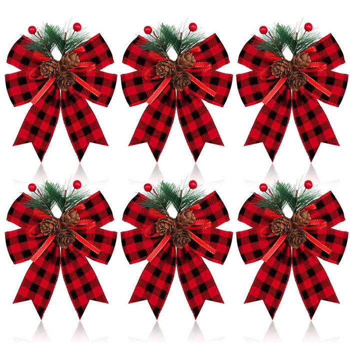 Catzon 6 Pcs Christmas Bows with Pine Cones Pine Needles for Xmas Tree Wreath Decor-BlackRed