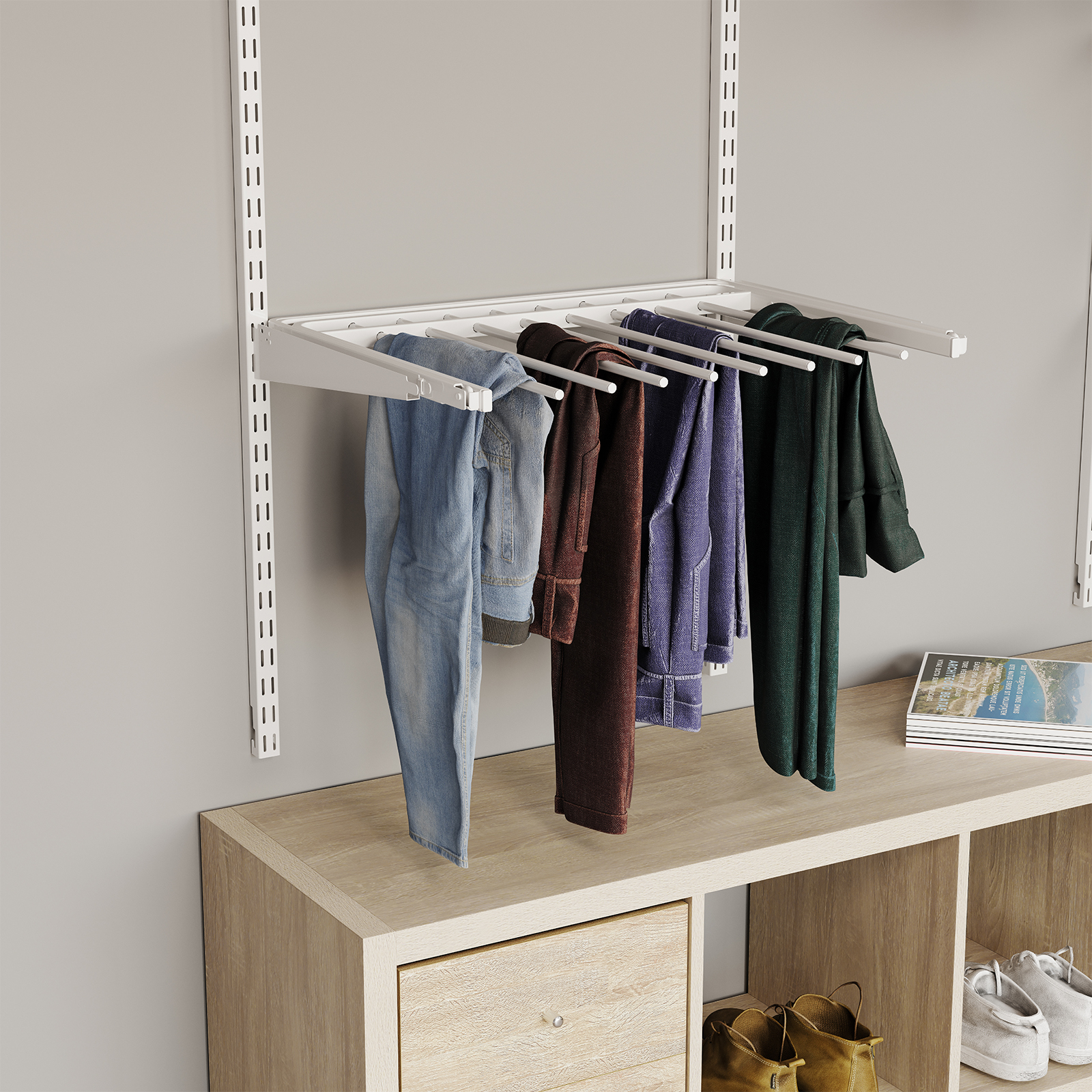 Flexi Storage Home Solutions 600 x 470mm White Double Slot Sliding Pants Rack Bunnings Australia