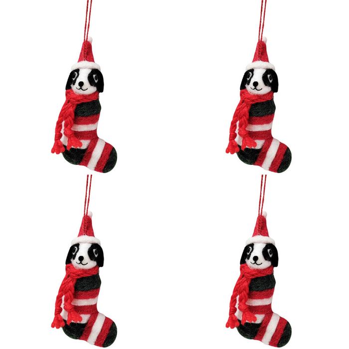 4PK Urban Christmas Dogs in Stocking Hanging Decoration 13cm Red/White Assorted