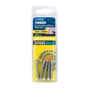 Zenith 10G x 38mm Stainless Steel Timber Screw - 5 Pack