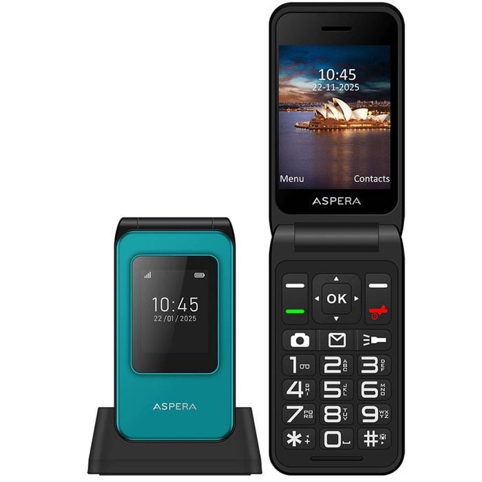 Open Box: Aspera F46+ (f46 Plus) Seniors 4g Big Button Flip Mobile Phone With Cradle- Black / Green