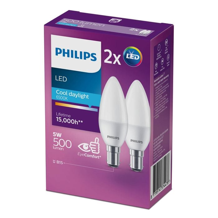 Philips P45 B15 LED 500Lm Cool Daylight 5W Candle - 2 Pack