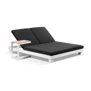 Santorini Aluminium Double Sun Lounge White With Side Table & Denim Grey Cushions