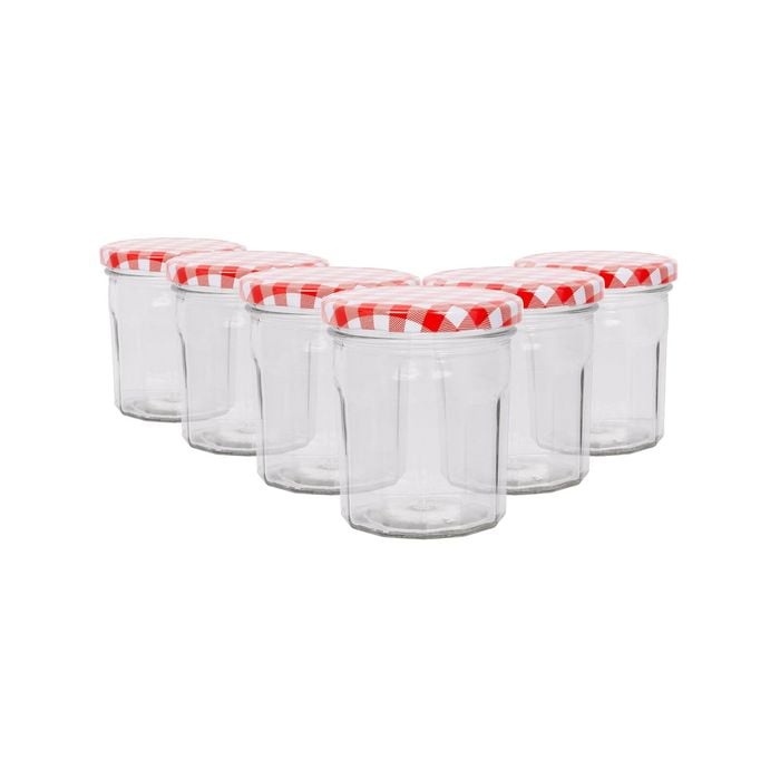 Argon Tableware 250ml Glass Jam Jars With Airtight Red Gingham Lids - Set Of 6 Empty Screw Top Kitchen Storage Preserving Jar