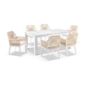 Hugo Ceramic 1.8m Outdoor Aluminium Dining Table White With 6 Rope Chairs & Cream Rope/cream Cushions