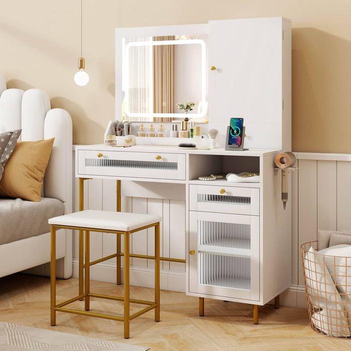Costway Dressing Table Makeup Vanity Table & Stool Set White