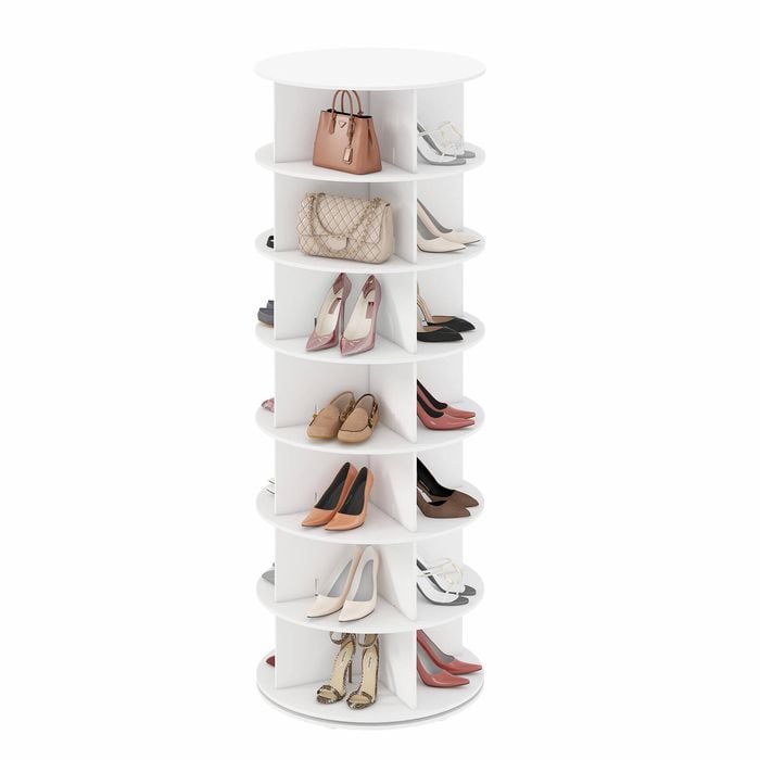 7-Tier Rotating Shoe Rack Tower 360 Swivel Storage Organiser Display Carousel White