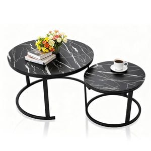 Set Of 2 Nesting Coffee Tables Modern Round Side Tables with Wooden Top