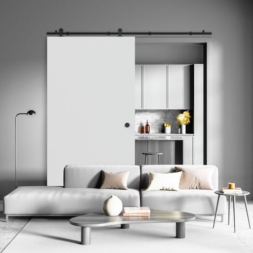 Living room interior featuring Rolltrak Matte Black Round Top Mount Barn Door Track and Matte Black Finger Pull.