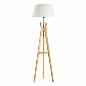 Large Bamboo Tripod Floor Lamp Linen Shade Modern Light Vintage Wooden Scandi