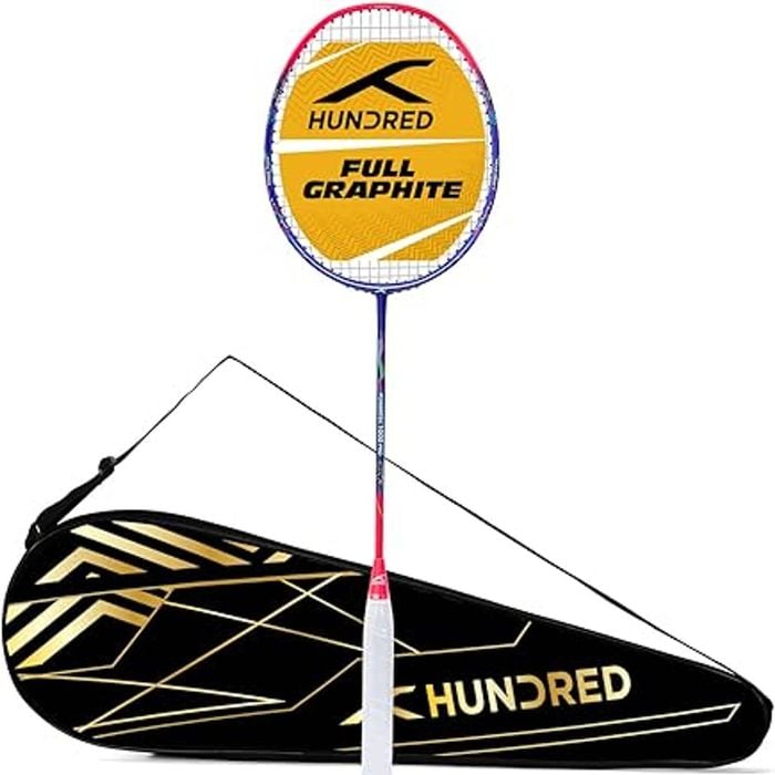HUNDRED Powertek 1000 PRO Strung Badminton Racket – Navy/Pink, G6 Grip, Full Cover