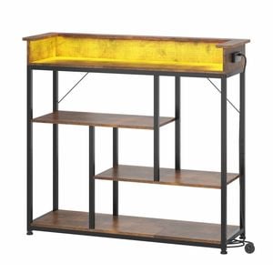 Ufurniture 100cm LED Console Table w/ LED Light & Power Outlet 4-Tier Hallway Table Sofa Table Entryway Cabinet Walnut