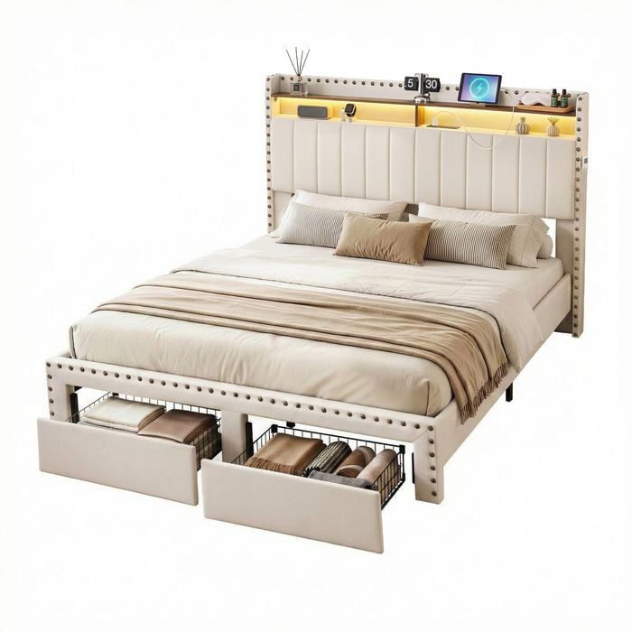 Artiss King Bed Frame Upholstered Storage Drawer LED Charging Ports Wingback