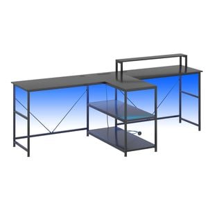 Ufurniture 236cm 2 Person LED Computer Table Gaming Desk with Monitor Stand and 2-Tier Storage Shelves Black