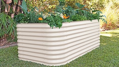 Corrugated planer box containing flowers and vegetables