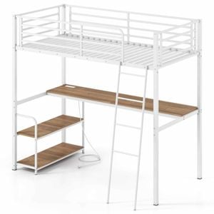 Costway Single Loft Bed Frame Desk Charging Station Guard Rails Natural