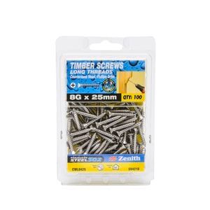 Zenith 8G x 25mm Stainless Steel Long Thread Countersunk Head Timber Screws - 100 Pack
