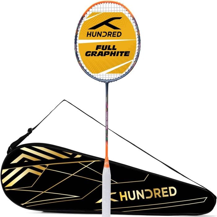 HUNDRED Powertek 1000 PRO Strung Badminton Racket – Navy/Orange, G6 Grip, Full Cover