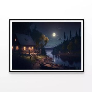 House, Trees, Lake at Night  Print 100% Australian Made 120x90cm  (Poster)