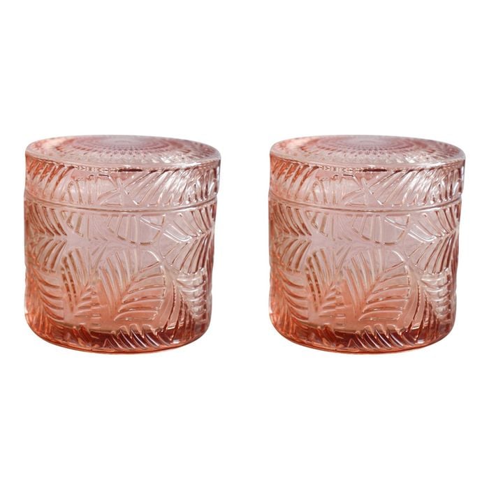 2PK LVD Leaves Oasis Glass 9cm Trinket Storage w/ Lid Round - Pink