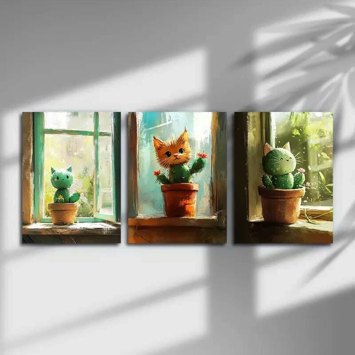 3pcs Cactus Cat Modern Colourful Print 100% Australian Made 3 x 40x60cm (Metal Print)