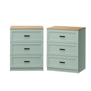 Oikiture 2pc Bedside Table 3 Drawers Nightstand Cabinet End Table Natural&green