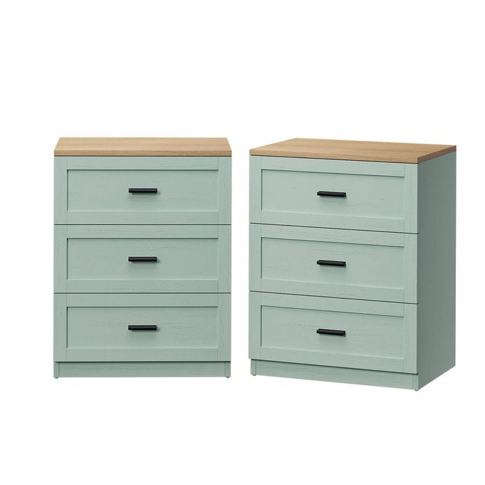 Oikiture 2pc Bedside Table 3 Drawers Nightstand Cabinet End Table Natural&green