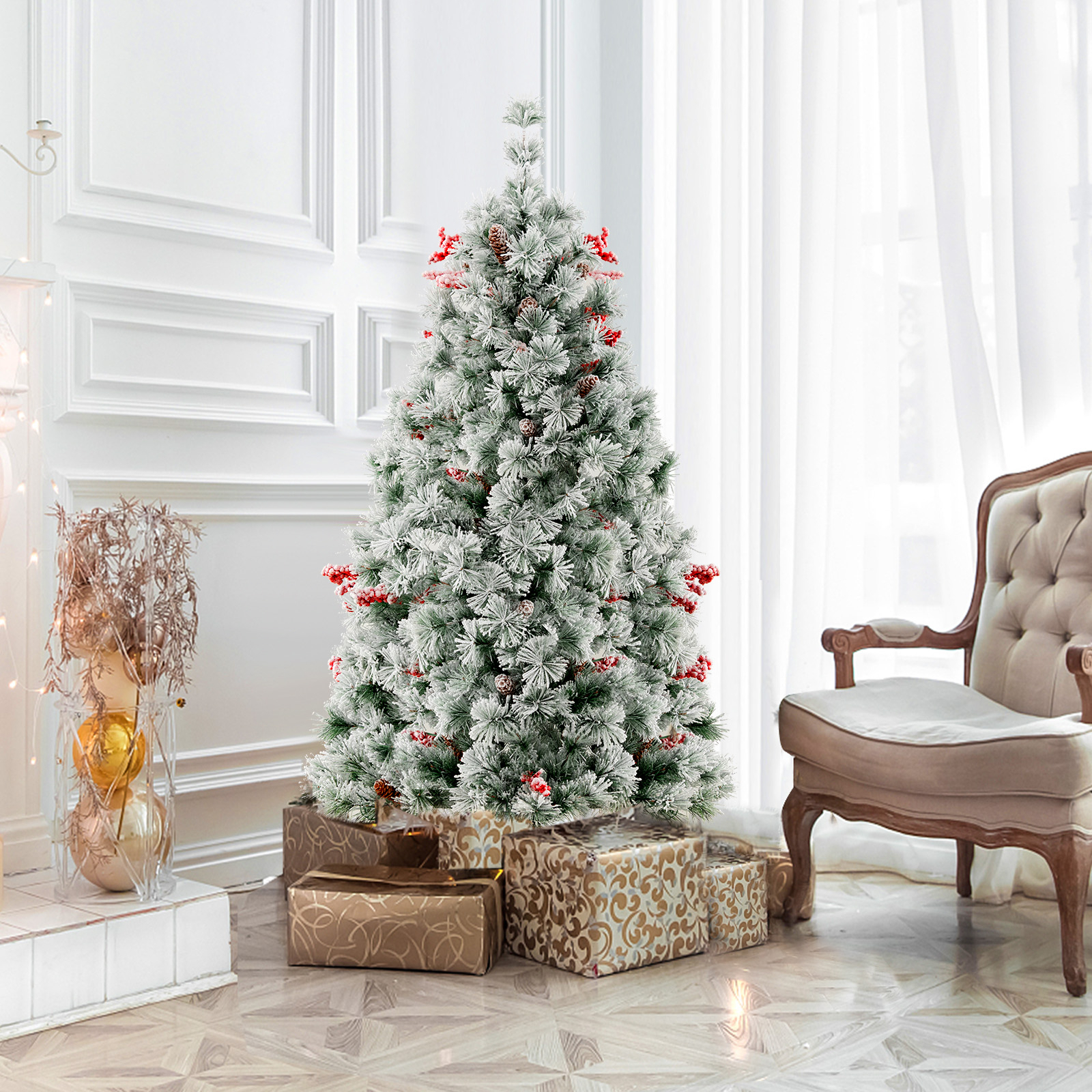 Costway Snow Flocked Christmas Tree Pre lit Artificial Xmas Tree w 200 LEDs Bunnings Australia