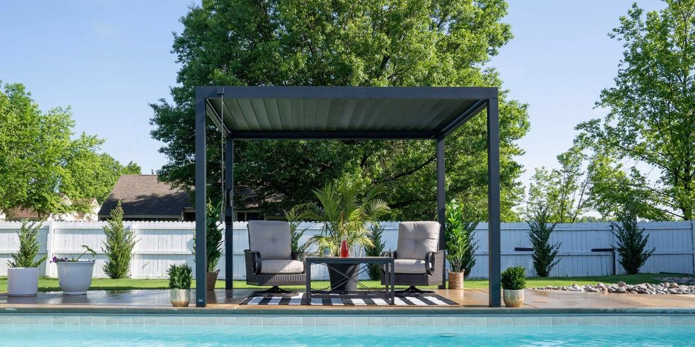 Backyard Discovery 3.7 x 3m Sarasota Galvanised Steel Outdoor Louvered Pergola Kit With Adjustable Steel Roof and PowerPort