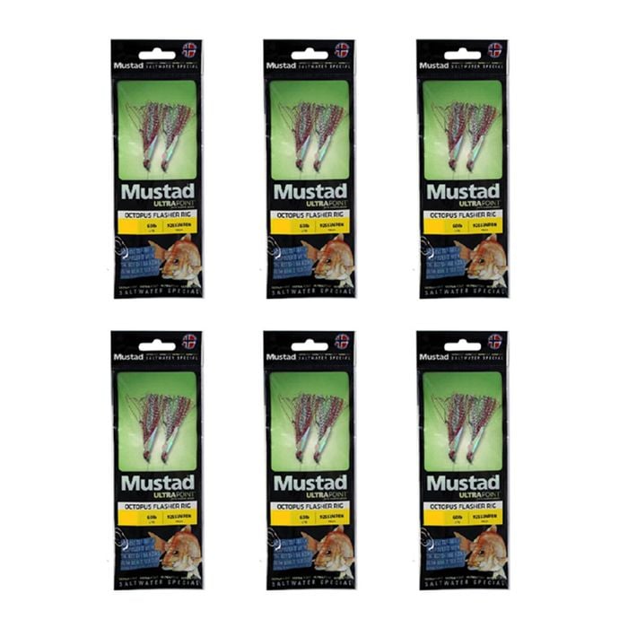 6x Mustad Ultrapoint Octopus Flasher Rig Twin Hook Silver/Red - Size 2/0