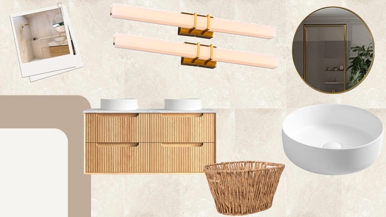 Bathroom mood board showcasing warm neutral stone-look tiles, ribbed timber double vanity with vessel basins, brass wall lights, round mirror, woven basket and contemporary bathroom styling.