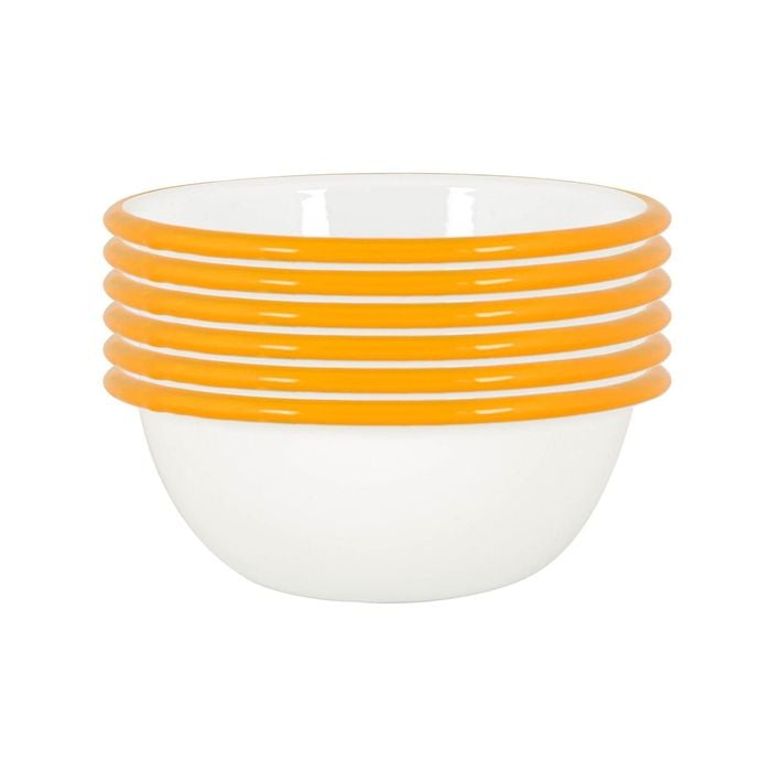 Argon Tableware 16cm Coloured Enamel Bowls - Set Of 6 - Yellow Lightweight Metal Camping Serving Bowls For Snacks, Pasta, Salad