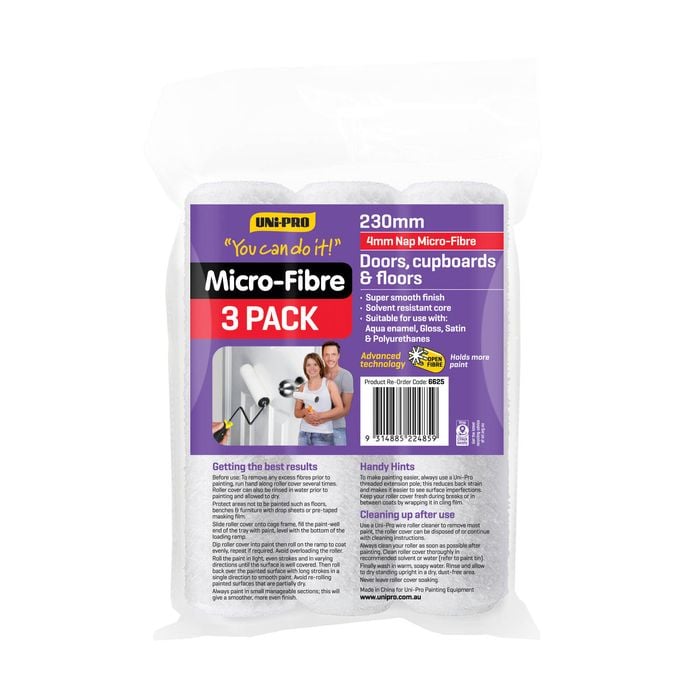 Uni-Pro 230mm 4mm Nap You Can Do It Microfibre Roller Cover - 3 Pack