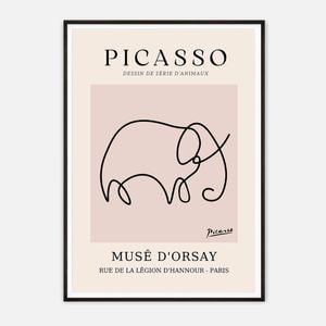 Galrie Picasso Minimalist Elephant Art Print - Iconic Line Drawing for Home Decor, Black Frame, A1 60 x 84cm (23 x 33inch)