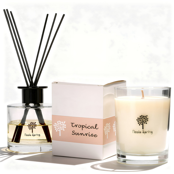 Nicola Spring Soy Wax Scented Candle & Reed Diffuser Set - Tropical Sunrise 400g Candle 45 Hour Burn & 200ml Diffuser
