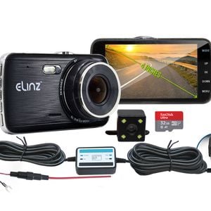 Elinz Dash Cam Dual Camera Reversing Recorder Car DVR Video FHD 1296P 4" LCD Hardwire Kit 32GB
