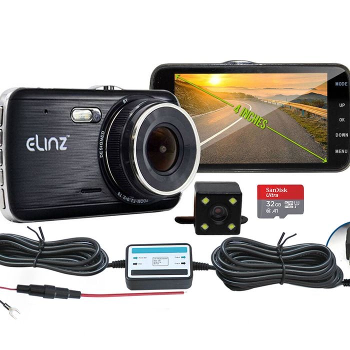 Elinz Dash Cam Dual Camera Reversing Recorder Car DVR Video FHD 1296P 4" LCD Hardwire Kit 32GB