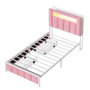 Ufurniture King Single Bed Frame with Hidden Storage and LED Headboard & 2 Drawers Pink