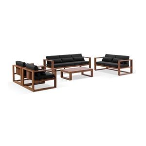 Santorini 3+2+1+1 Outdoor Aluminium Lounge Set Teak Look With Coffee Table & Denim Grey Cushions