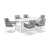 Santorini 1.8m Outdoor Aluminium Dining Table White With 6 Hugo Chairs & Grey Rope w/Textured Olefin Cushions