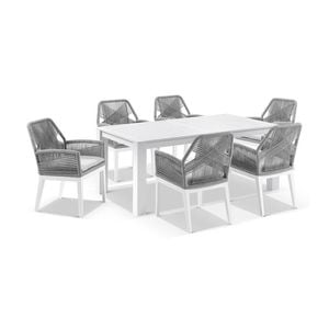 Santorini 1.8m Outdoor Aluminium Dining Table White With 6 Hugo Chairs & Grey Rope w/Textured Olefin Cushions