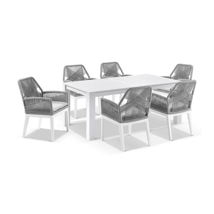 Santorini 1.8m Outdoor Aluminium Dining Table White With 6 Hugo Chairs & Grey Rope w/Textured Olefin Cushions