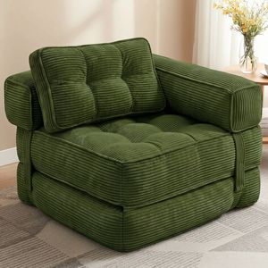 Advwin 3-in-1 Floor Folding Sofa Bed Convertible Sleeper Chair w/ L-Shape Pillow Single Corduroy Lazy Sofa Couch Green