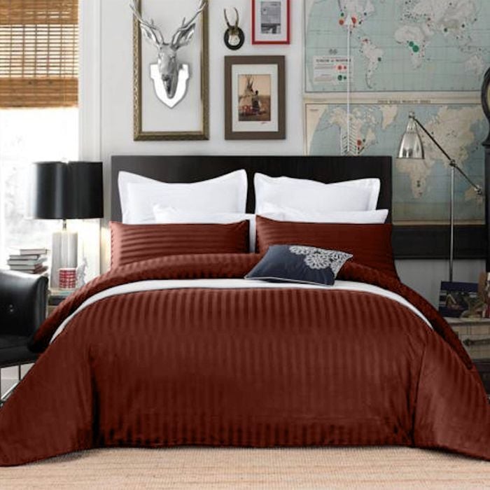 CottonMore 100% Cotton 650TC Sateen Striped Ancora Burgundy Quilt Cover Set - Double