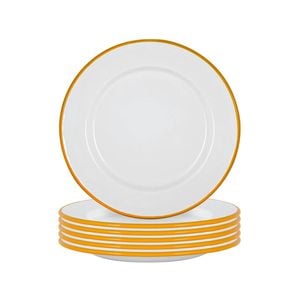 Argon Tableware 25.5cm Enamel Dinner Plates - Yellow Rim - Set Of 6 - 10inch Large Dish Plates Metal Enamel Tableware Dinner Set