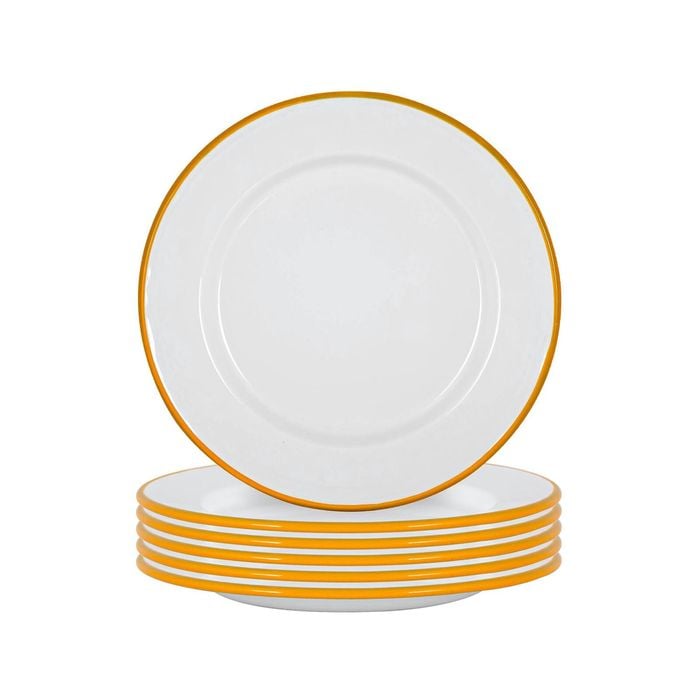 Argon Tableware 25.5cm Enamel Dinner Plates - Yellow Rim - Set Of 6 - 10inch Large Dish Plates Metal Enamel Tableware Dinner Set