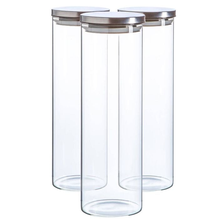 Argon Tableware Glass Storage Jar - Silver Lid - 2 Litre - 3x Modern Round Scandi Organisation Container Glass Jar