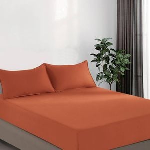 CleverPolly Vintage Washed Microfibre Fitted Sheet Set with Matching Pillowcases (Terracotta, Double)